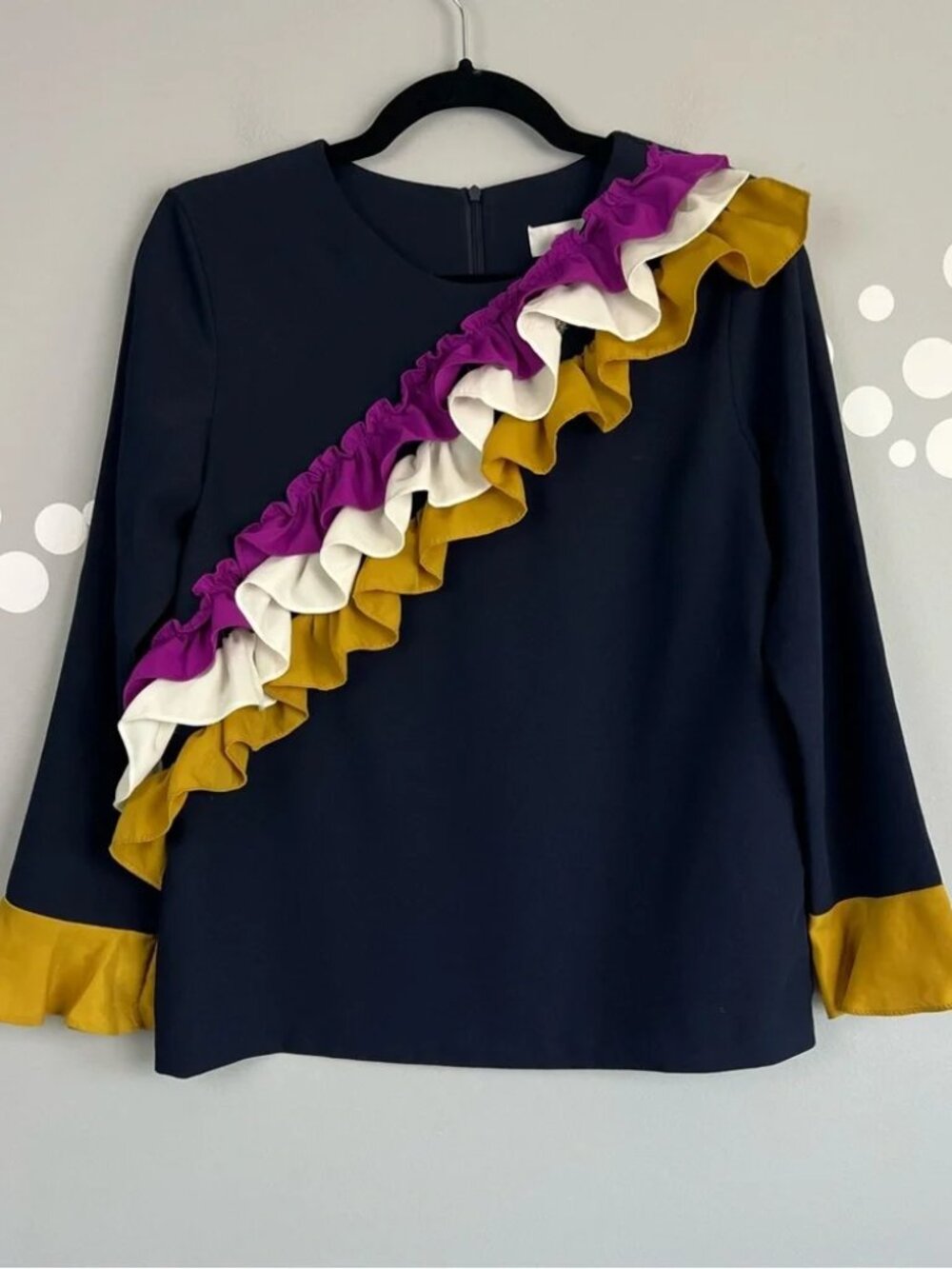 Storets Ruffle Trim Statement Blouse Navy Flare Sleeve Top